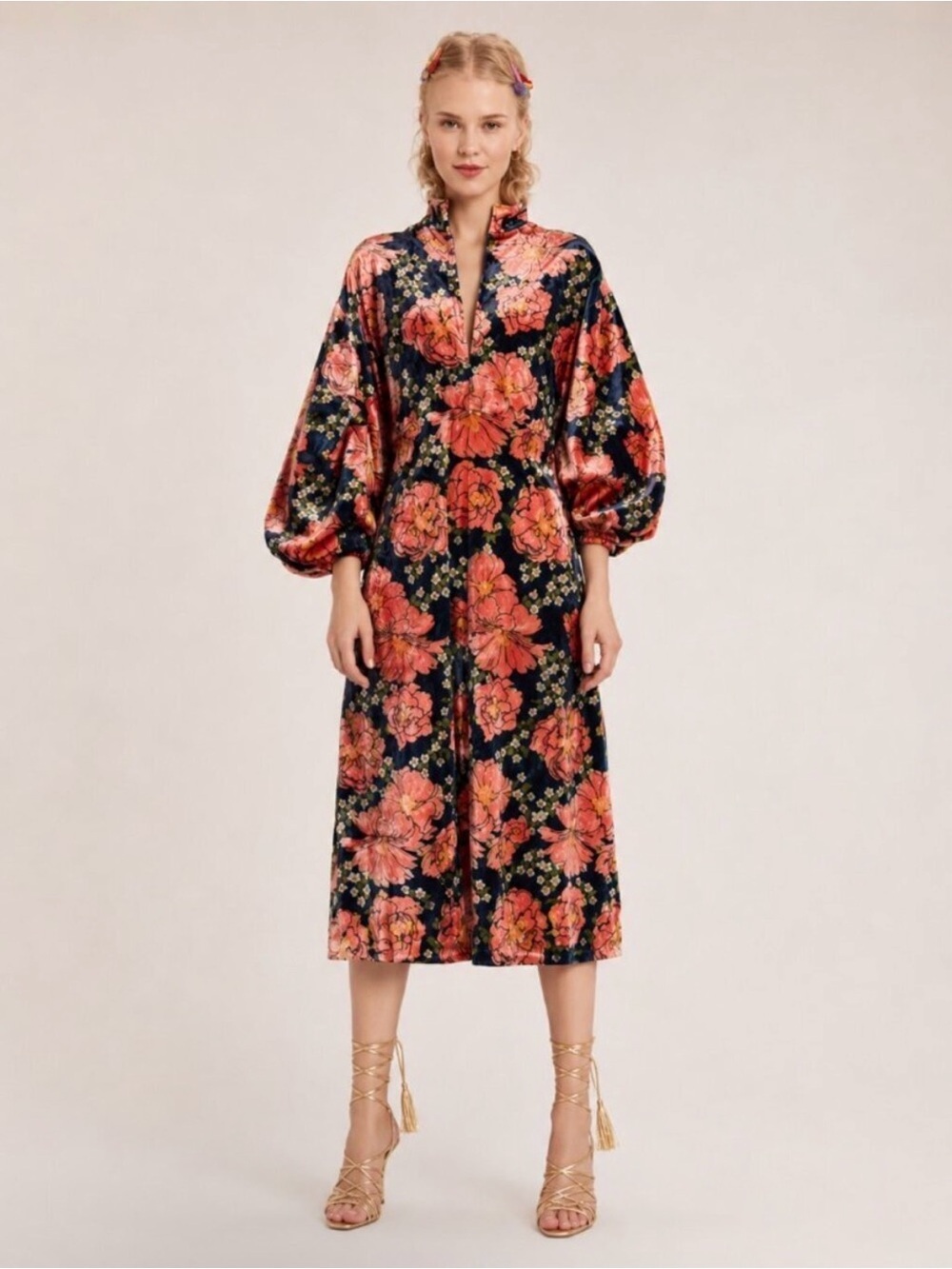 Zara / Navy Pink Floral Velvet Puff Sleeve Kaftan Midi Dress